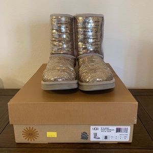 Ugg Boots, Silver Sequin, Women’s Size 8, Classic Short Sparkles